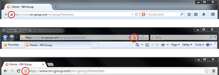 Screenshot of the visibility of the secure lock icon in different browsers